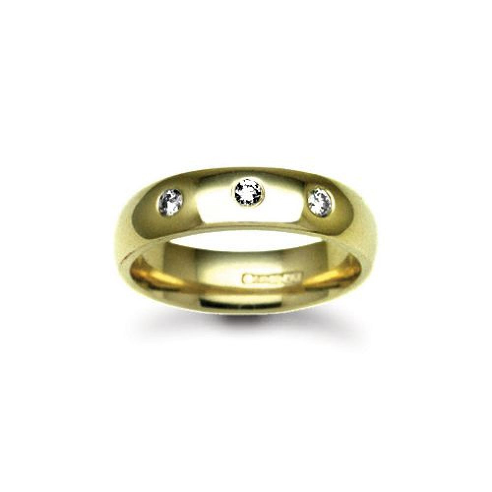 Bespoke 18ct yellow gold natural diamond rubover set wedding ring hand-made by Fogal & Barnes Harrogate