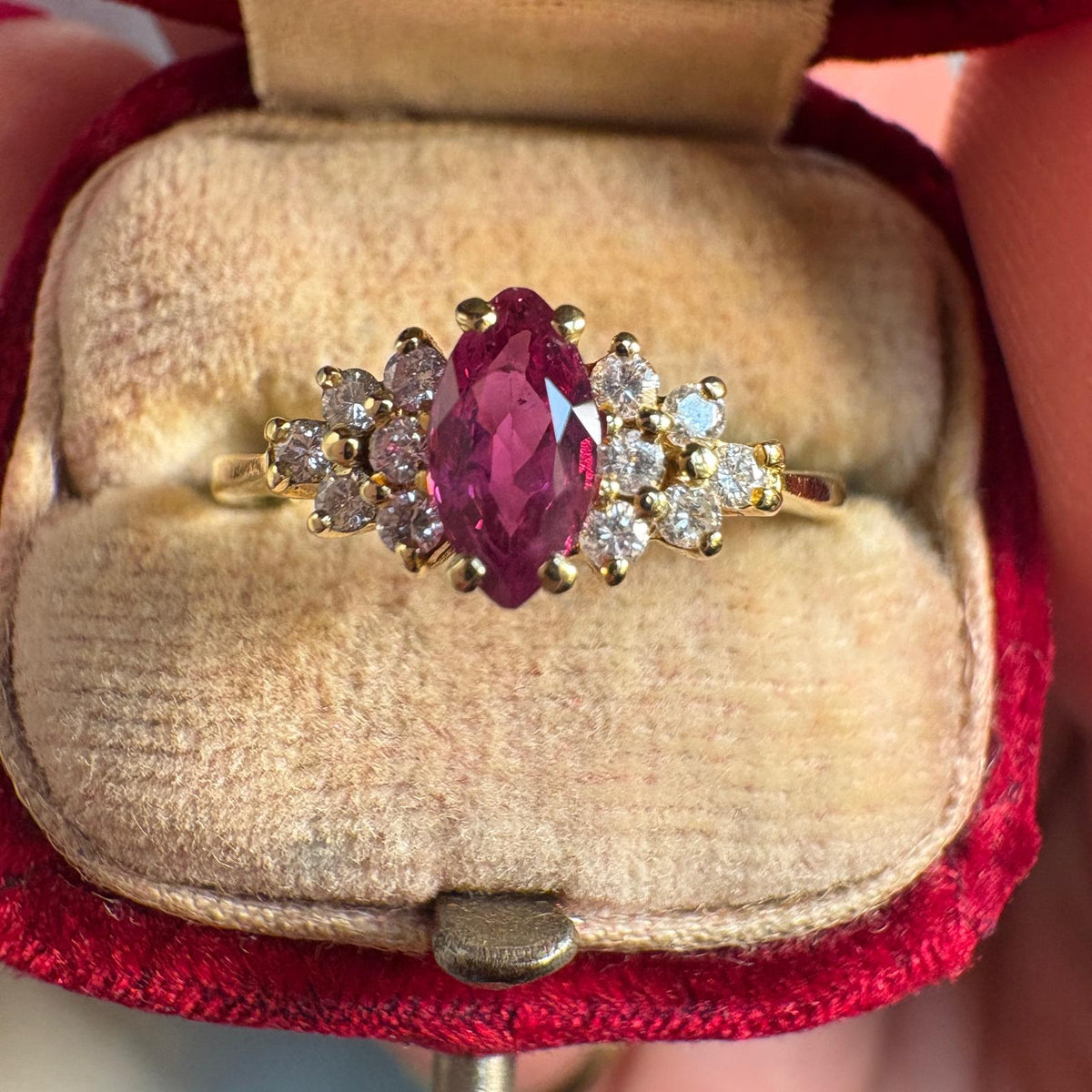 marquise ruby ring, ruby and diamond ring UK, 18ct gold ruby ring, marquise cluster ring, alternative engagement ring, ruby anniversary ring, July birthstone ring, pre-loved ruby ring