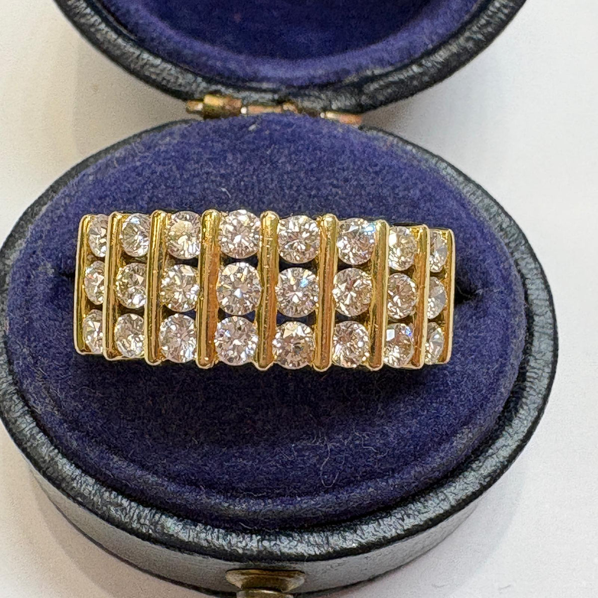 three row diamond ring, 18ct gold diamond band, 1.20ct diamond ring, multi row diamond ring UK, pre-loved diamond ring, anniversary diamond ring, wide diamond band ring, yellow gold diamond ring