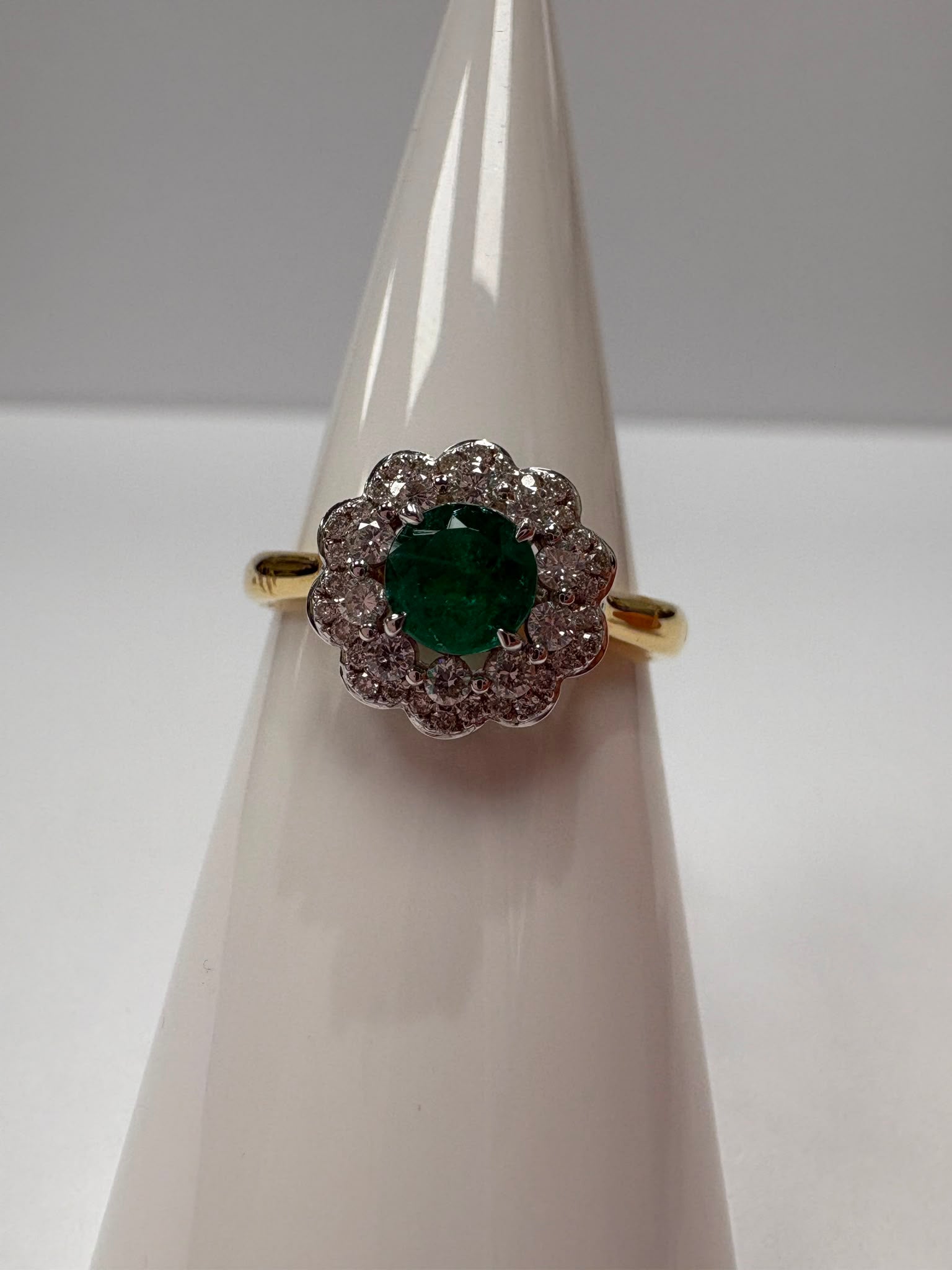 emerald diamond cluster ring, 18ct gold emerald ring, round emerald ring, emerald engagement ring alternative, pre-loved emerald ring UK, emerald cluster ring Harrogate, diamond halo emerald ring, second hand emerald ring size N