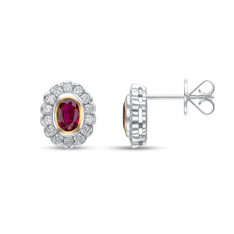 WHITE & YELLOW GOLD OVAL RUBY STUD EARRINGS