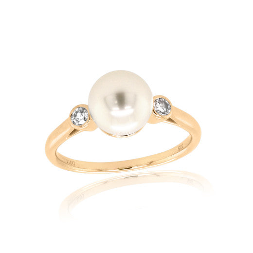 9CT YELLOW GOLD PEARL & DIAMOND RING