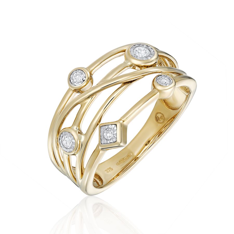 9ct yellow gold Interstellar ring with open multi-band crossover design and five bezel-set round brilliant diamonds, 0.10ct total