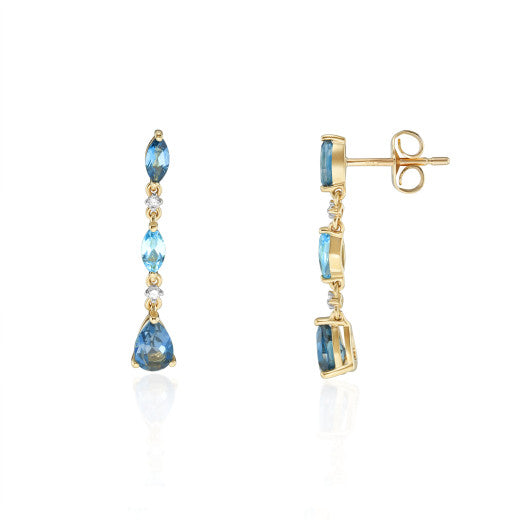 YELLOW GOLD , DIAMOND AND BLUE TOPAZ DROP EARRINGS