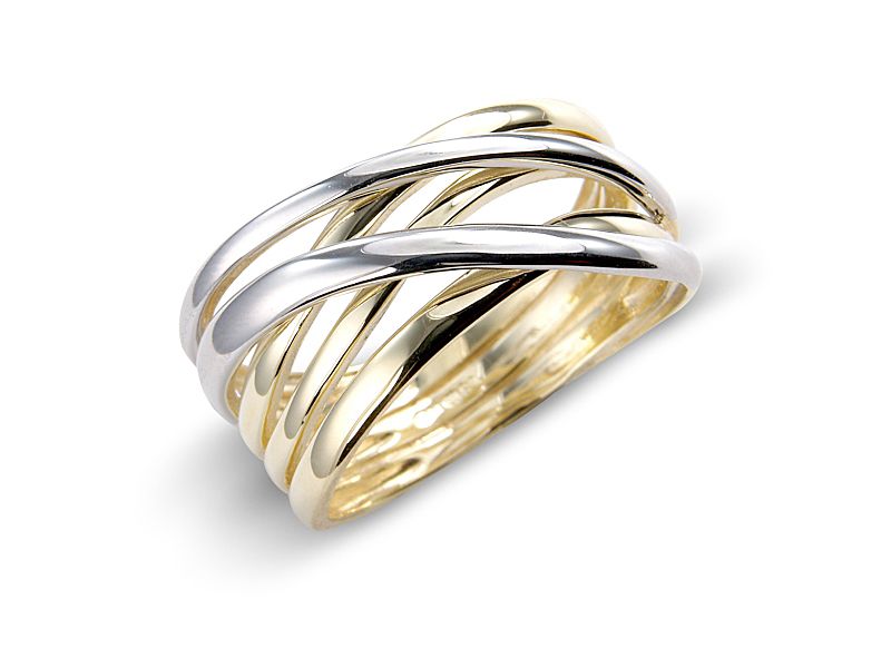 Gold and white gold ring with interwoven design on a white background