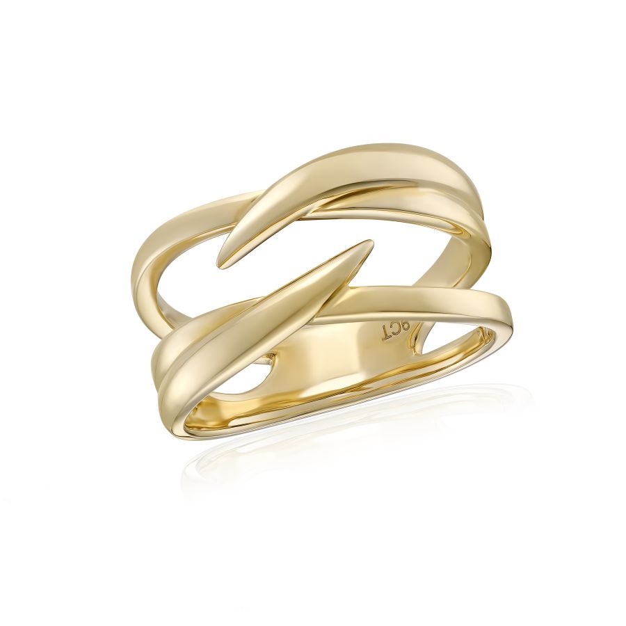 9ct yellow gold thorn ring with sweeping interlocking polished gold arcs, sculptural statement ring, 11mm height