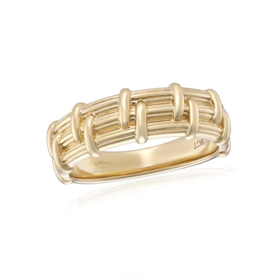 9ct Yellow Gold Woven-Style Ring with basket-weave design and polished finish – available at Fogal and Barnes Fine Jewellers Harrogate