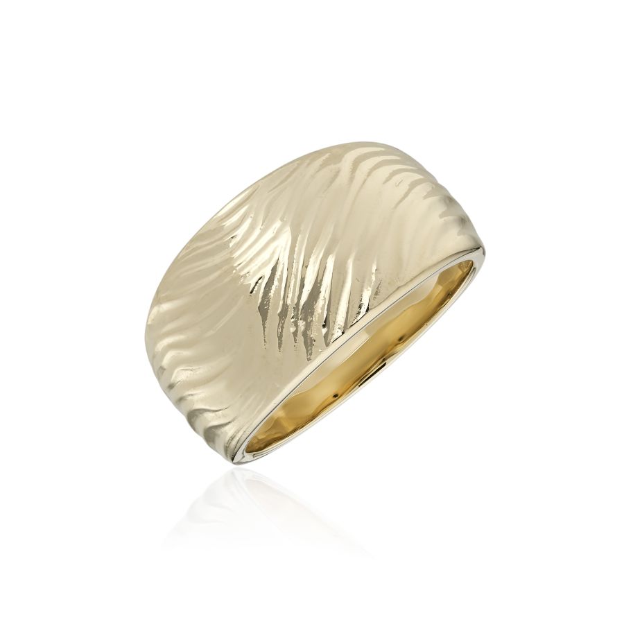 9ct yellow gold flat dome ring with a polished, textured finish, crafted in a sculptural design. Available in all sizes at Fogal and Barnes Fine Jewellers of Harrogate.