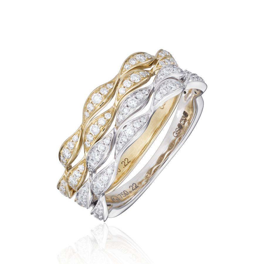 Diamond ripple stack rings stacked in 18ct yellow gold and white gold 