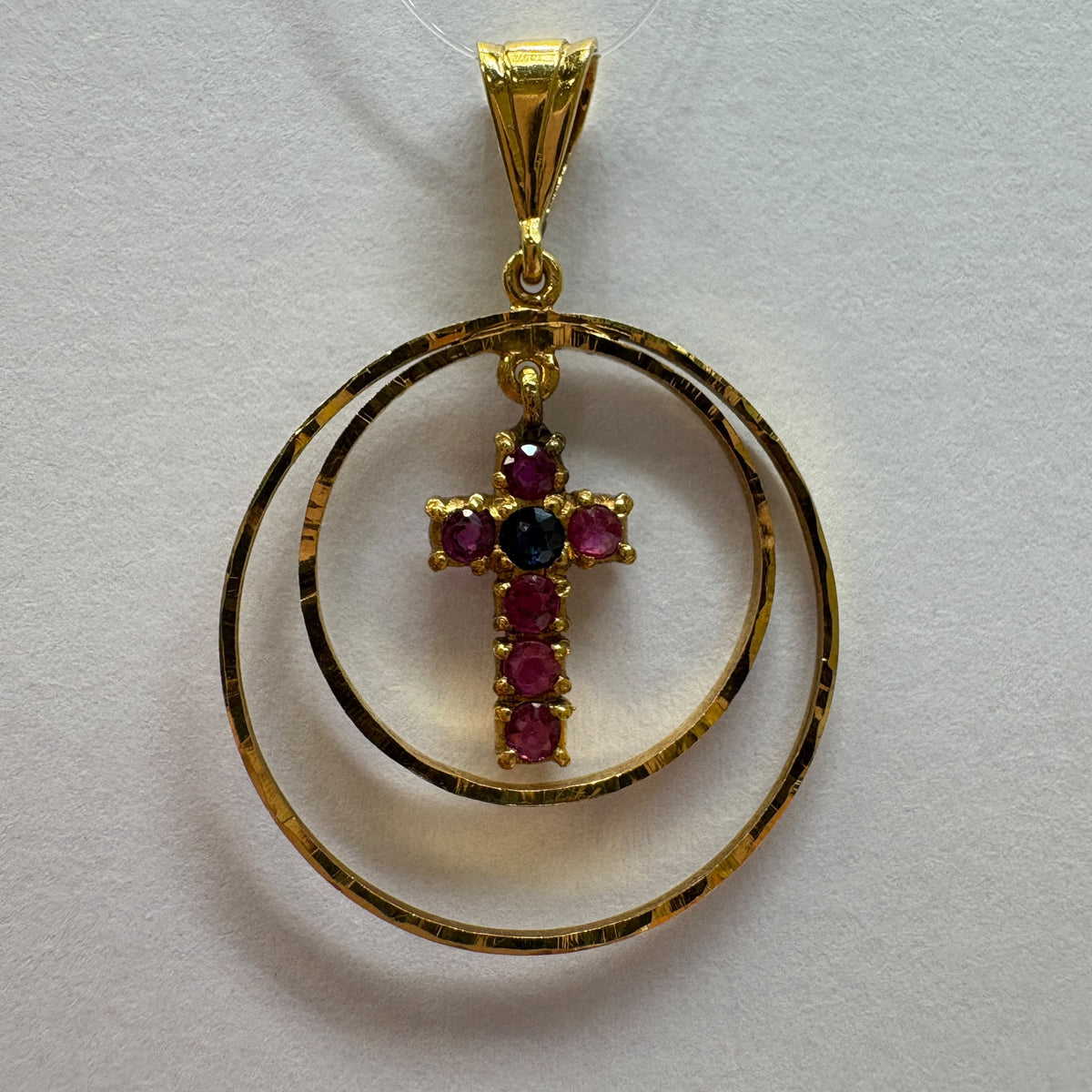 22ct gold cross pendant, natural ruby cross pendant, gold cross necklace UK, ruby and sapphire pendant, christening gift gold cross, pre-loved gold pendant, July birthstone pendant, confirmation gift cross