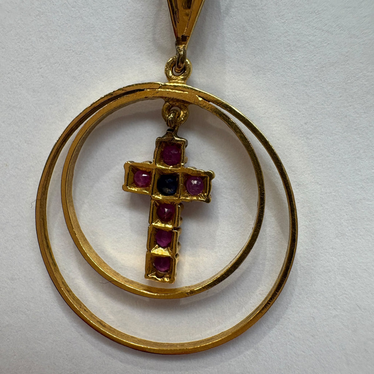 22ct gold cross pendant, natural ruby cross pendant, gold cross necklace UK, ruby and sapphire pendant, christening gift gold cross, pre-loved gold pendant, July birthstone pendant, confirmation gift cross