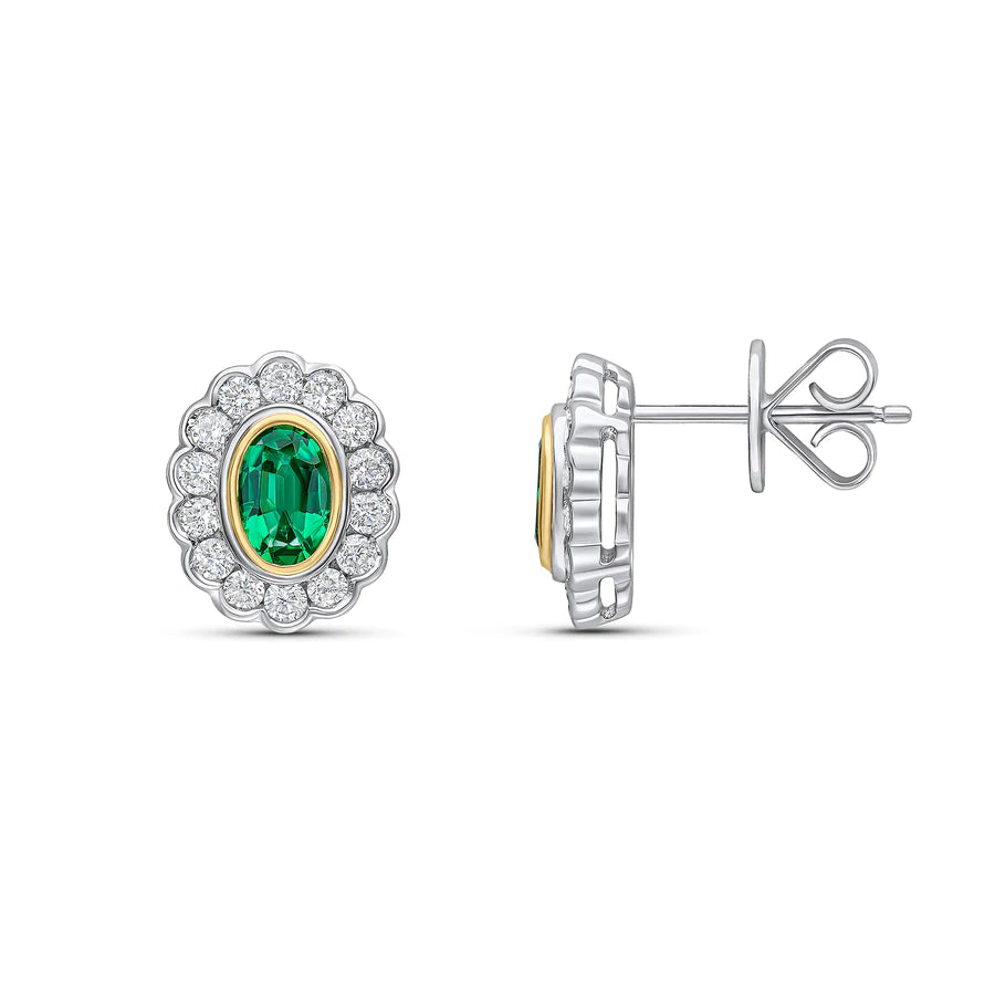 WHITE & YELLOW GOLD OVAL EMERALD STUD EARRINGS