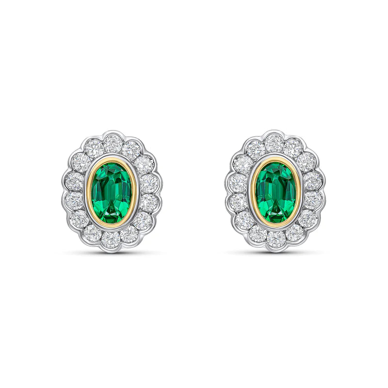 WHITE & YELLOW GOLD OVAL EMERALD STUD EARRINGS