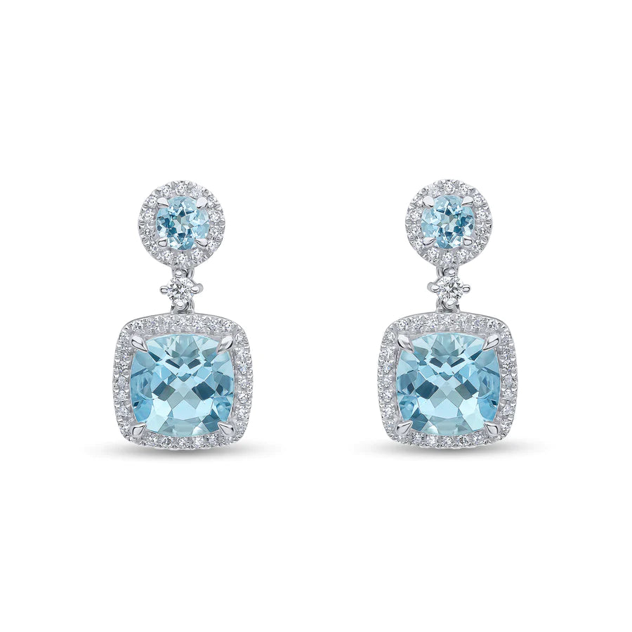 WHITE GOLD ROUND & CUSHION AQUAMARINE CLUSTER EARRINGS