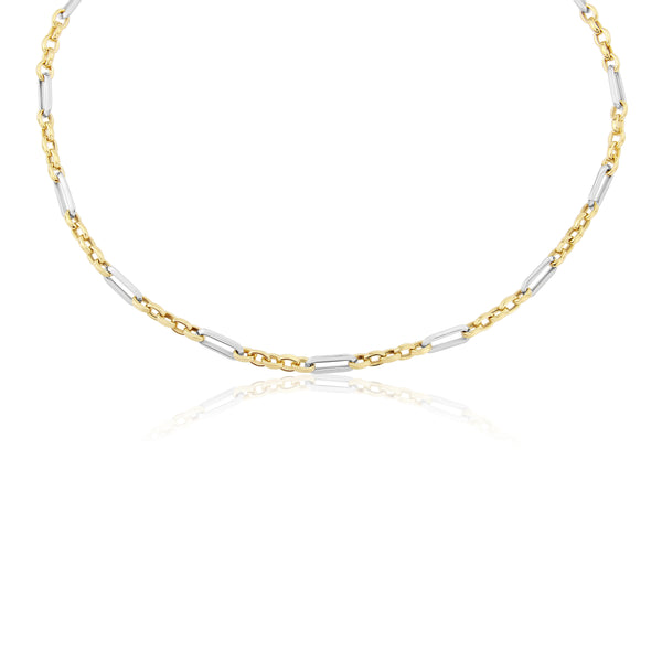 YELLOW AND WHITE GOLD CIRCLE AND OVAL LINK NECKLACE