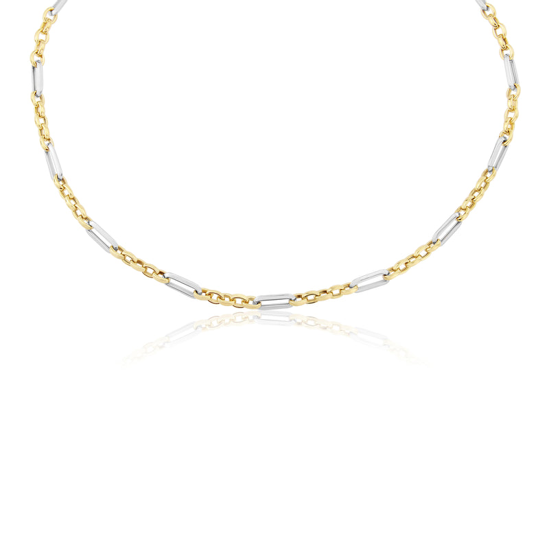 YELLOW AND WHITE GOLD CIRCLE AND OVAL LINK NECKLACE