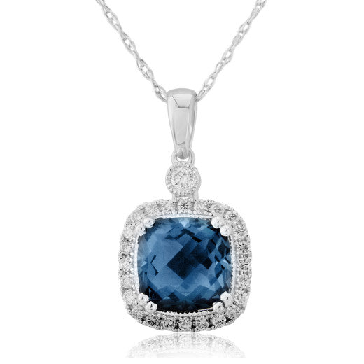 White Gold Diamond & Blue Topaz Cushion Pendant Necklace