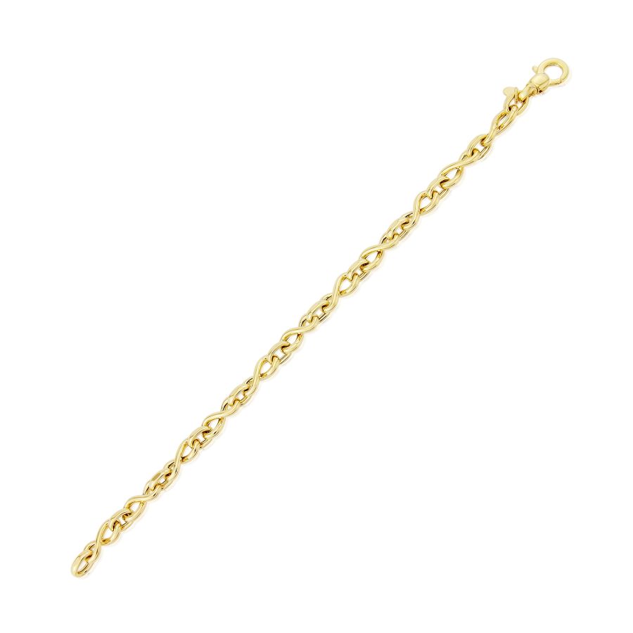 Close-up image of a 9ct yellow gold infinity link bracelet, showcasing its polished finish and flowing interlocking design. A classic and elegant piece from Fogal and Barnes Fine Jewellers of Harrogate.