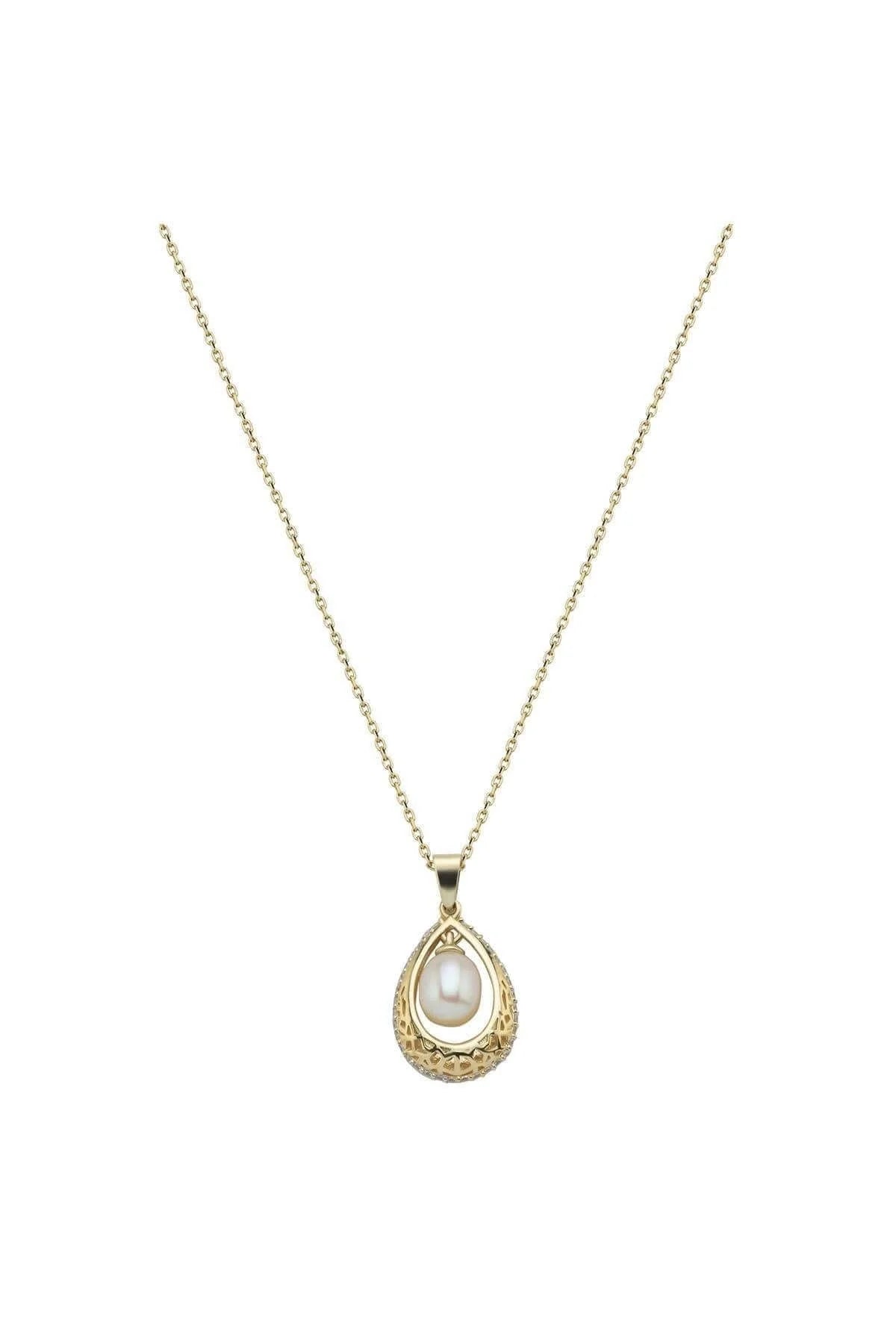 45cm 9ct gold necklace with openwork drop pendant and 6mm natural pearl – available from Fogal and Barnes Fine Jewellers Harrogate.