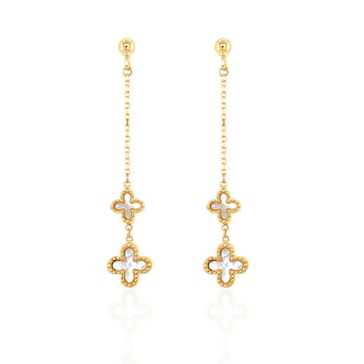 Yellow Gold Mother Of Pearl Flowers Drop Earrings