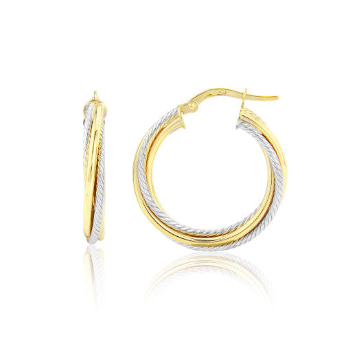 9CT YELLOW AND WHITE GOLD TWIST HOOP EARRINGS