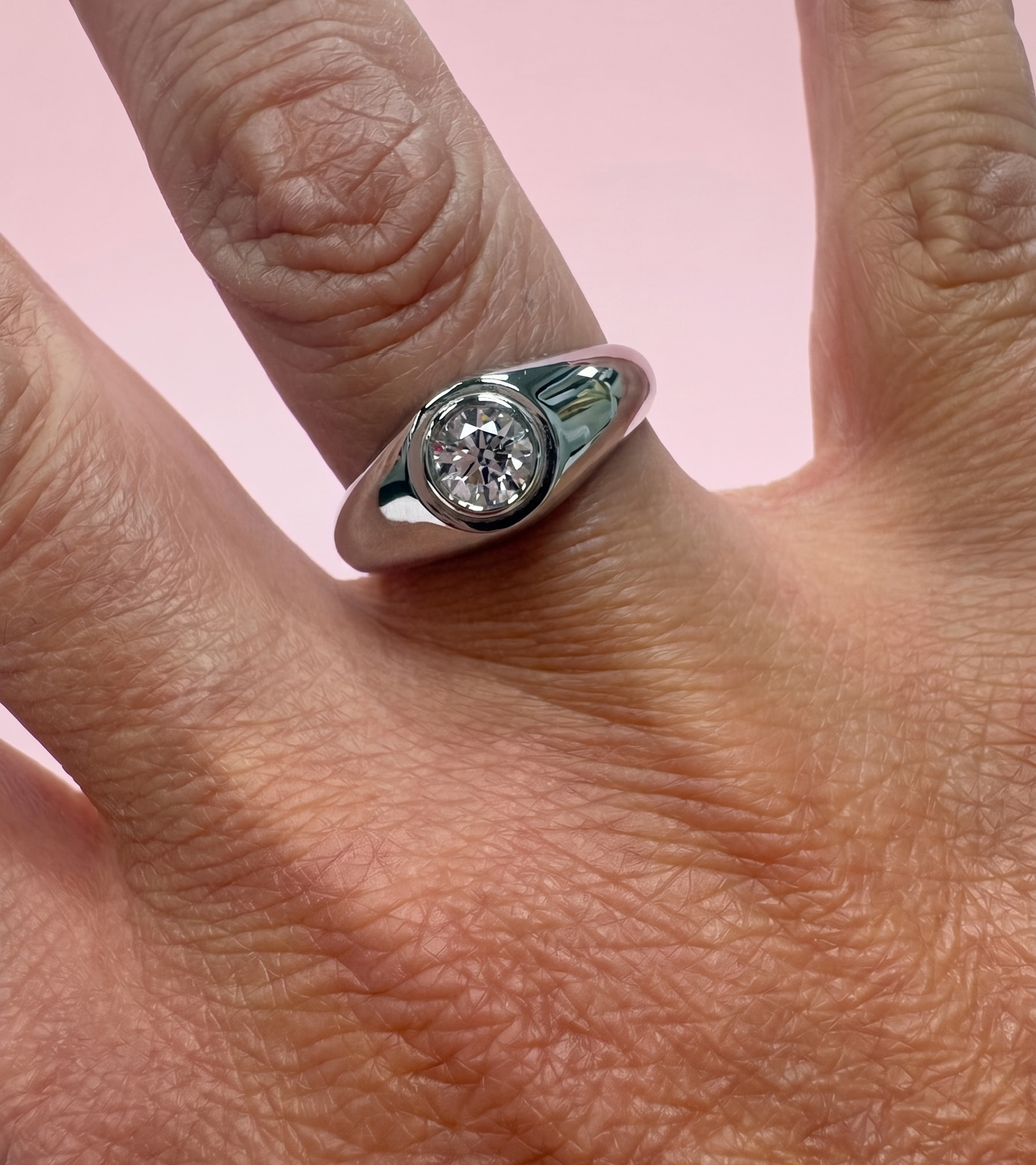 signet ring diamond, chunky signet ring, bezel set diamond ring, tapered band ring, men's diamond signet ring, round brilliant lab grown diamond, lab grown diamond ring UK, bespoke diamond ring Harrogate, platinum signet ring, 18ct gold signet ring, certified lab grown diamond, 0.50ct diamond ring, custom men's ring Yorkshire, statement signet ring, lab grown diamond ring near me, DVS1 diamond ring