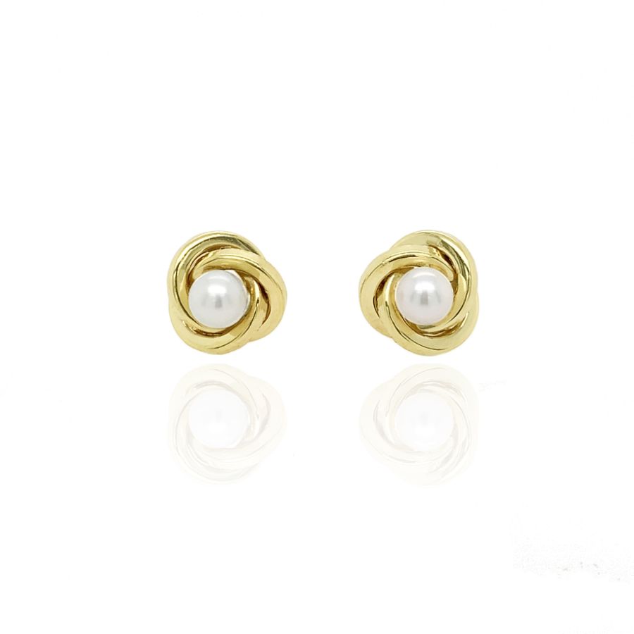 Gold earrings with pearl centers on a white background