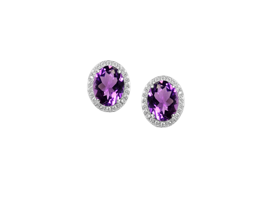OVAL AMETHYST AND CZ SILVER CLUSTER EARRINGS