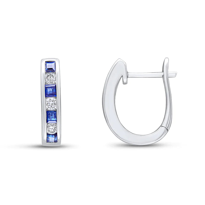 WHITE GOLD SQUARE SAPPHIRE CHANNEL HOOP EARRINGS