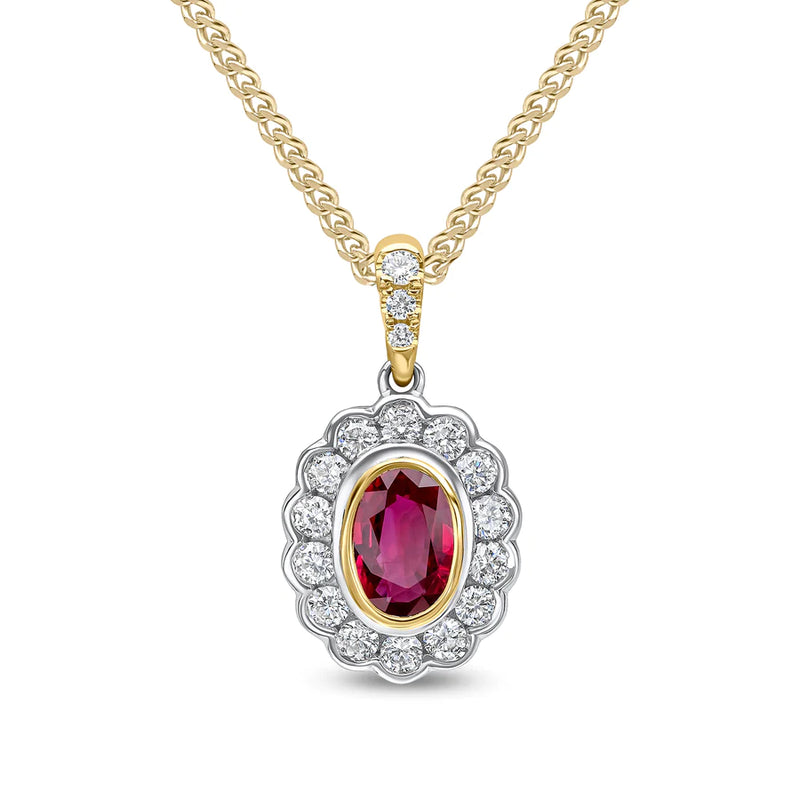 YELLOW & WHITE GOLD OVAL RUBY CLUSTER PENDANT