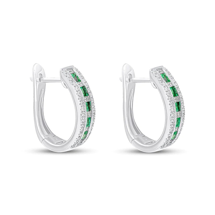 WHITE GOLD SQUARE EMERALD BAGUETTE & DIAMOND HOOP EARRINGS