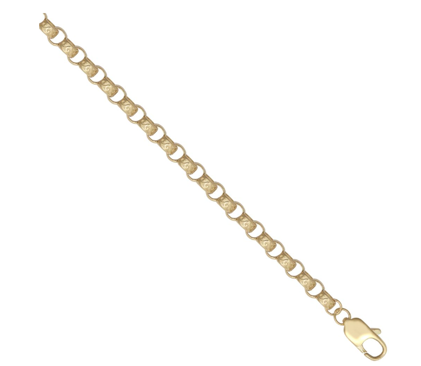 9ct yellow gold engraved belcher bracelet for men, 5.1mm gauge with lobster clasp.