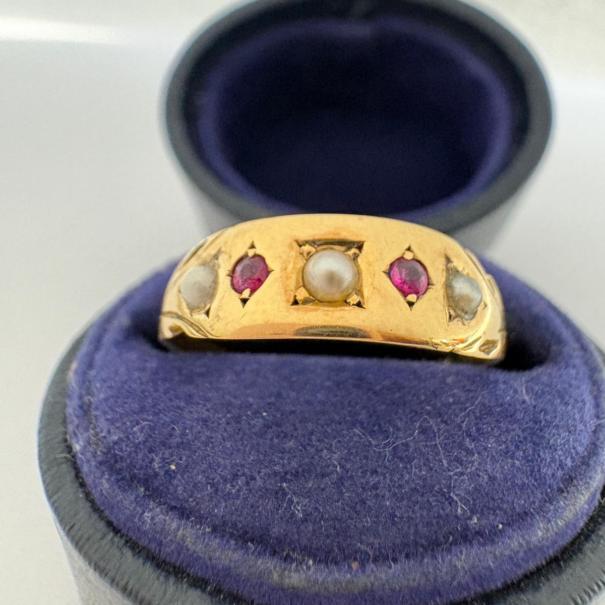 ruby and pearl ring, 9ct gold gypsy ring, seed pearl ring UK, Victorian style ring, five stone gypsy ring, ruby gypsy ring, pre-loved gold ring, July birthstone ring