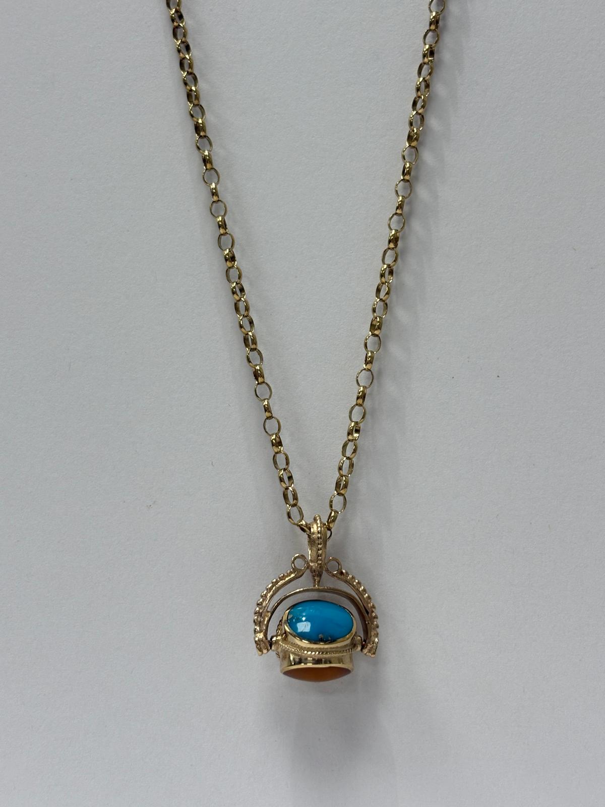 9ct gold spinner pendant, vintage fob necklace, multi stone gold pendant, tiger's eye onyx turquoise necklace, gold belcher chain necklace, pre-loved fob pendant UK, spinning gemstone pendant, second hand gold necklace Harrogate