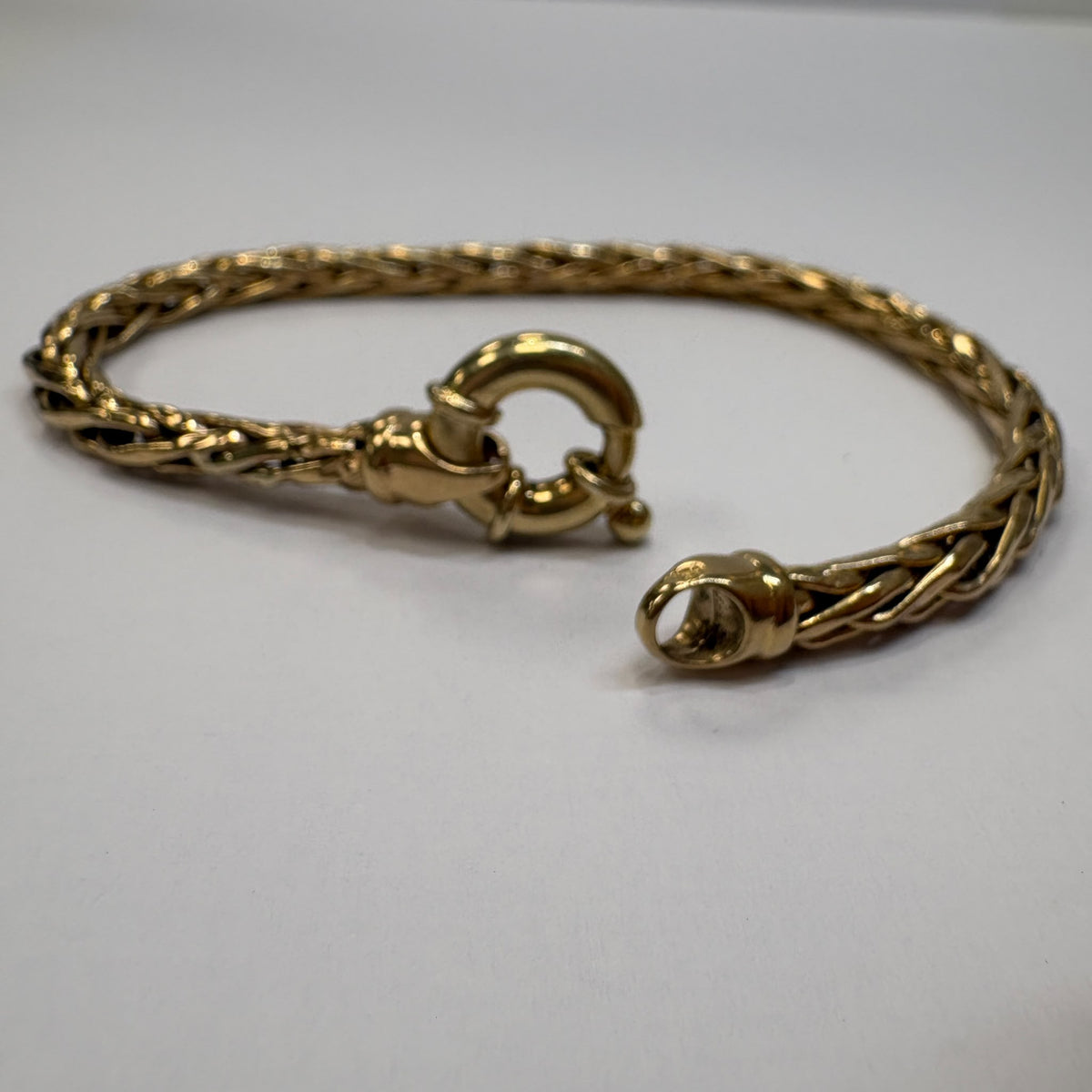 9ct gold wheat bracelet, spiga bracelet gold, gold bolt ring bracelet, chunky clasp bracelet, pre-loved gold bracelet, woven gold bracelet UK, second hand gold bracelet, gold stacking bracelet