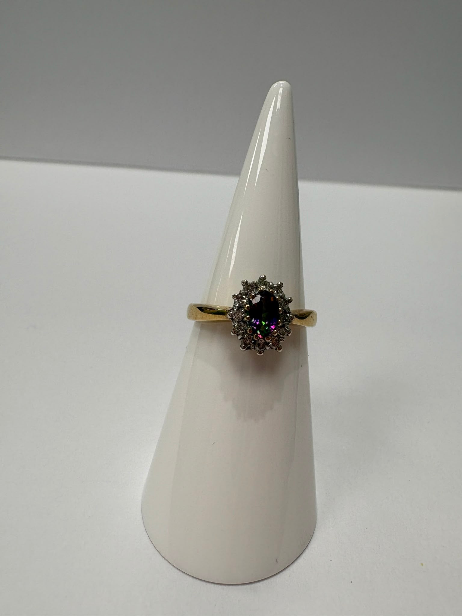 mystic topaz ring, mystic topaz and diamond ring, second hand mystic topaz ring UK, pre-loved topaz ring, vintage mystic topaz ring, 9ct gold topaz cluster ring, rainbow topaz ring, diamond cluster ring second hand, second hand jewellery Harrogate, second hand jewellery Leeds, second hand jewellery York, second hand jewellery Yorkshire, pre-owned gemstone ring UK, antique style topaz ring, colourful gemstone ring, buy second hand mystic topaz ring, mystic topaz ring size N, mystic topaz ring near me, fine j