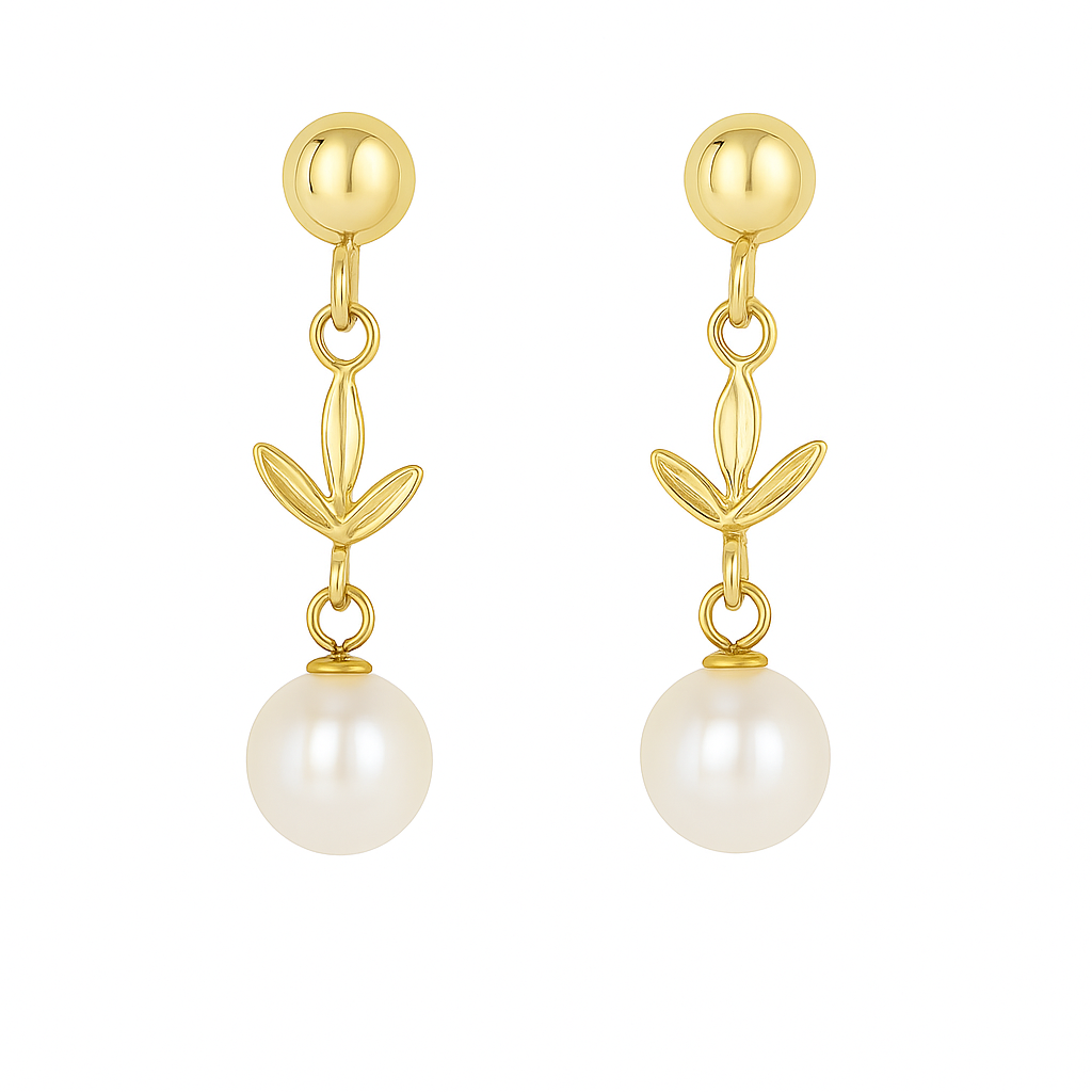 Gold earrings with pearl drops on a white background