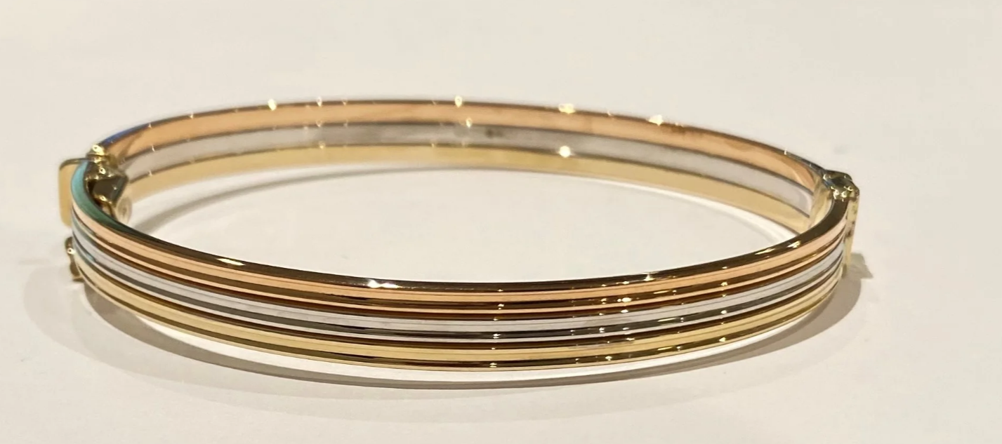 9ct yellow, white and rose gold multi-band bangle hand-crafted by Fogal & Barnes Harrogate