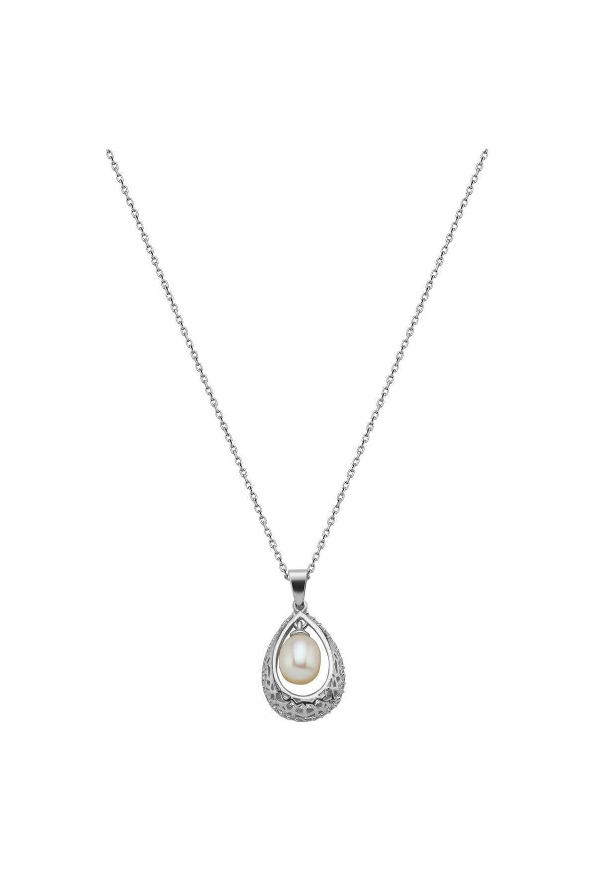 45cm 9ct white gold necklace with openwork drop pendant and 6mm natural pearl – available from Fogal and Barnes Fine Jewellers Harrogate.