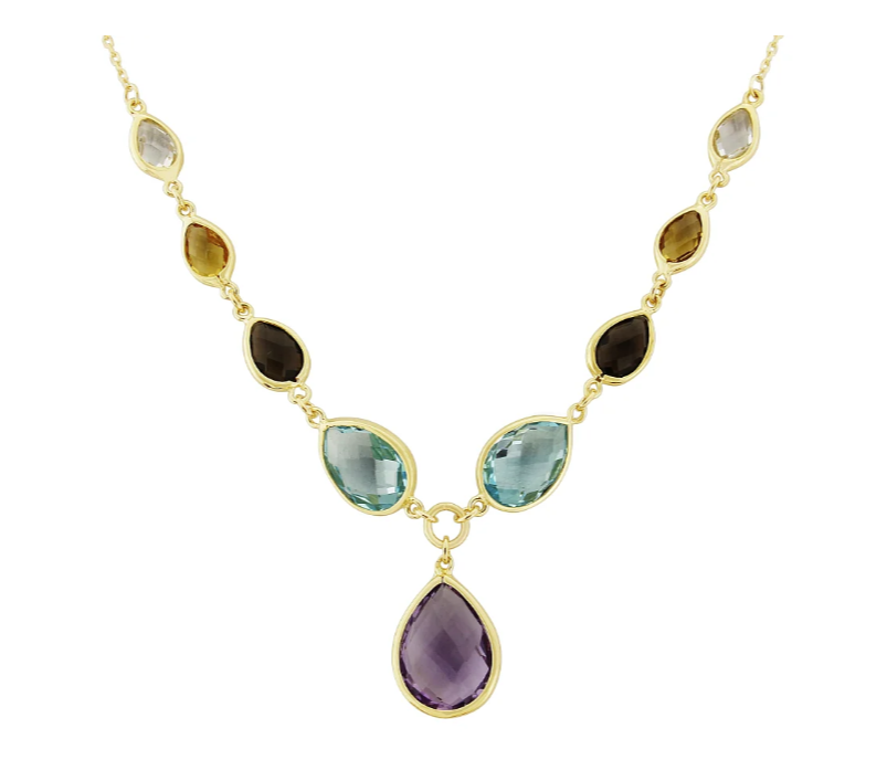 ct yellow gold necklace with amethyst, blue topaz, citrine and smoky quartz gemstones hand-crafted by Fogal & Barnes Harrogate