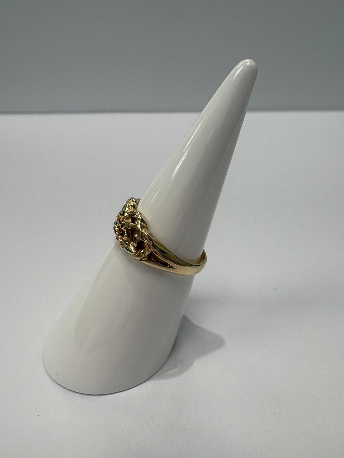 Preloved 9ct yellow gold keeper knot ring size N 2.50g with open lattice and filigree underside shown on ring cone and close up on white background, available at Fogal & Barnes Harrogate