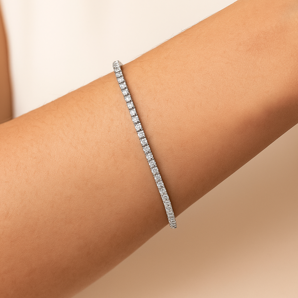 Tennis bracelet on a person's wrist against a beige background Harrogate 