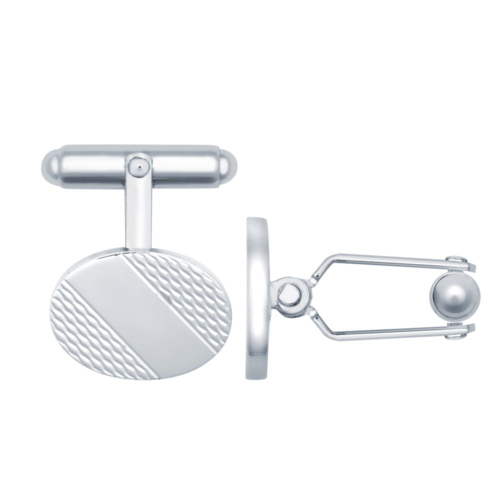 925 sterling silver oval cufflinks with engine-turned detailing and swivel backs by Fogal & Barnes Fine Jewellers of Harrogate.