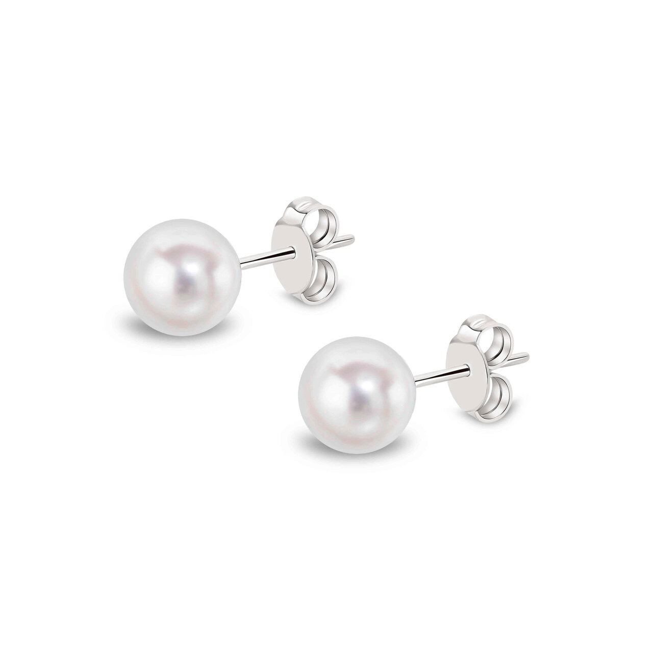 Akoya pearl stud earrings in 9ct white gold, 5.5–6mm round white Akoya pearl with butterfly back fitting