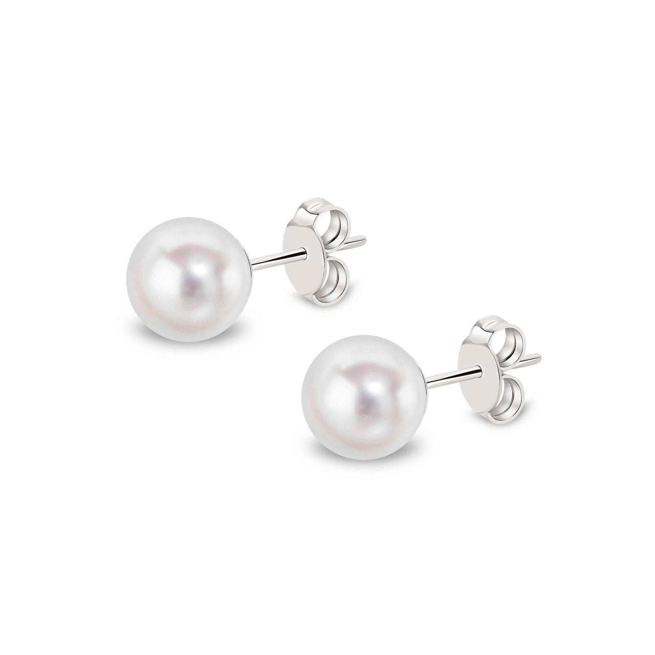 Akoya pearl stud earrings in 9ct white gold, 6.5–7mm round white Akoya pearl with butterfly back fitting