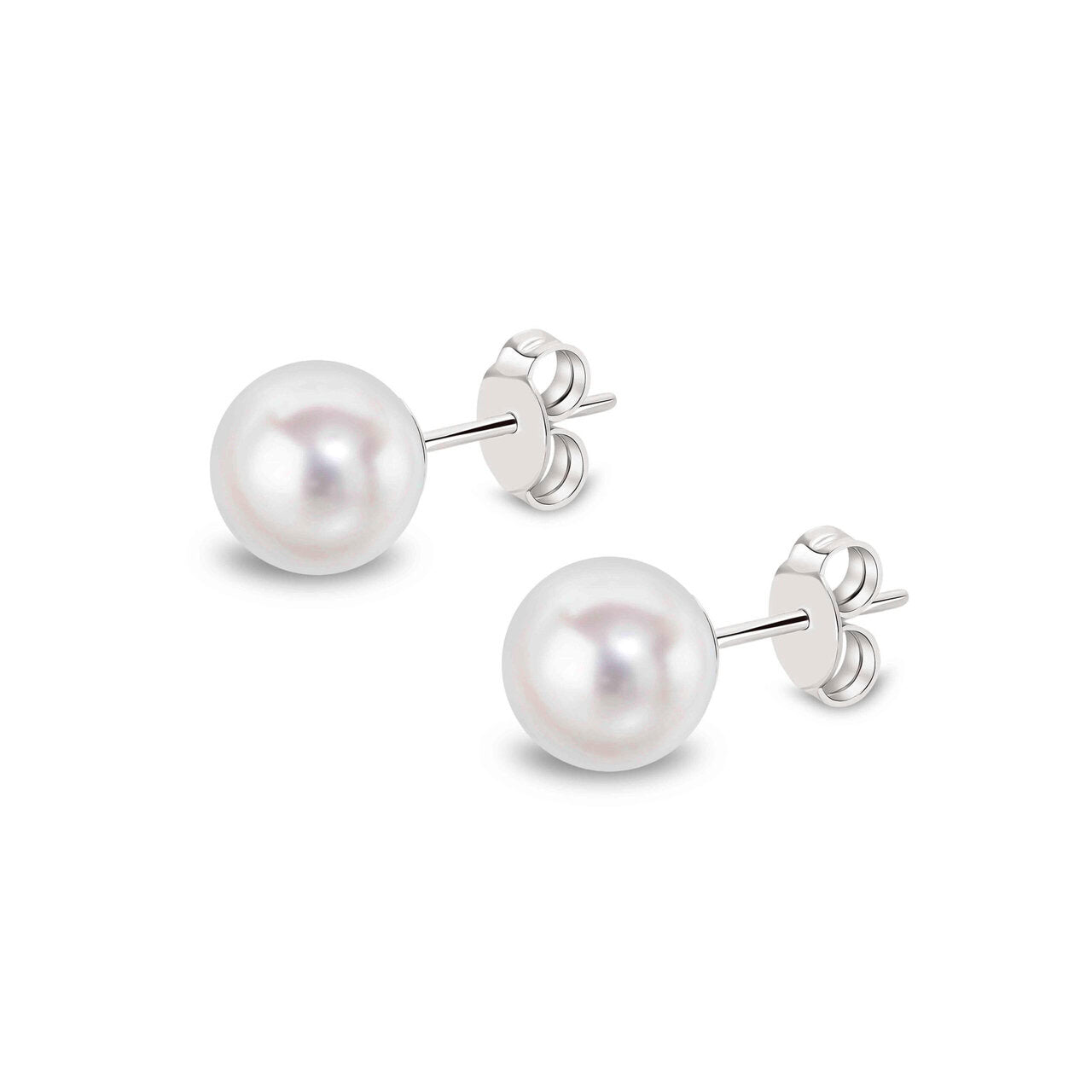 Akoya pearl stud earrings in 9ct white gold, 7–7.5mm round white Akoya pearl with butterfly back fitting