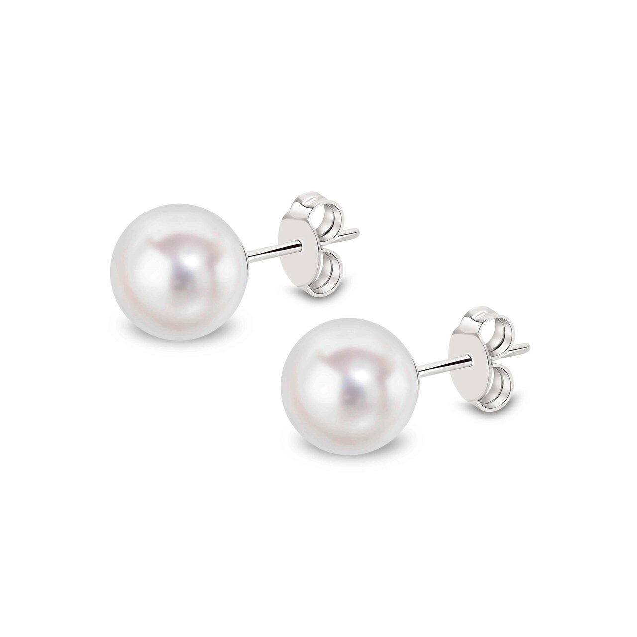 Akoya pearl stud earrings in 9ct white gold, 8.5x9mm round white Akoya pearl with butterfly back fitting