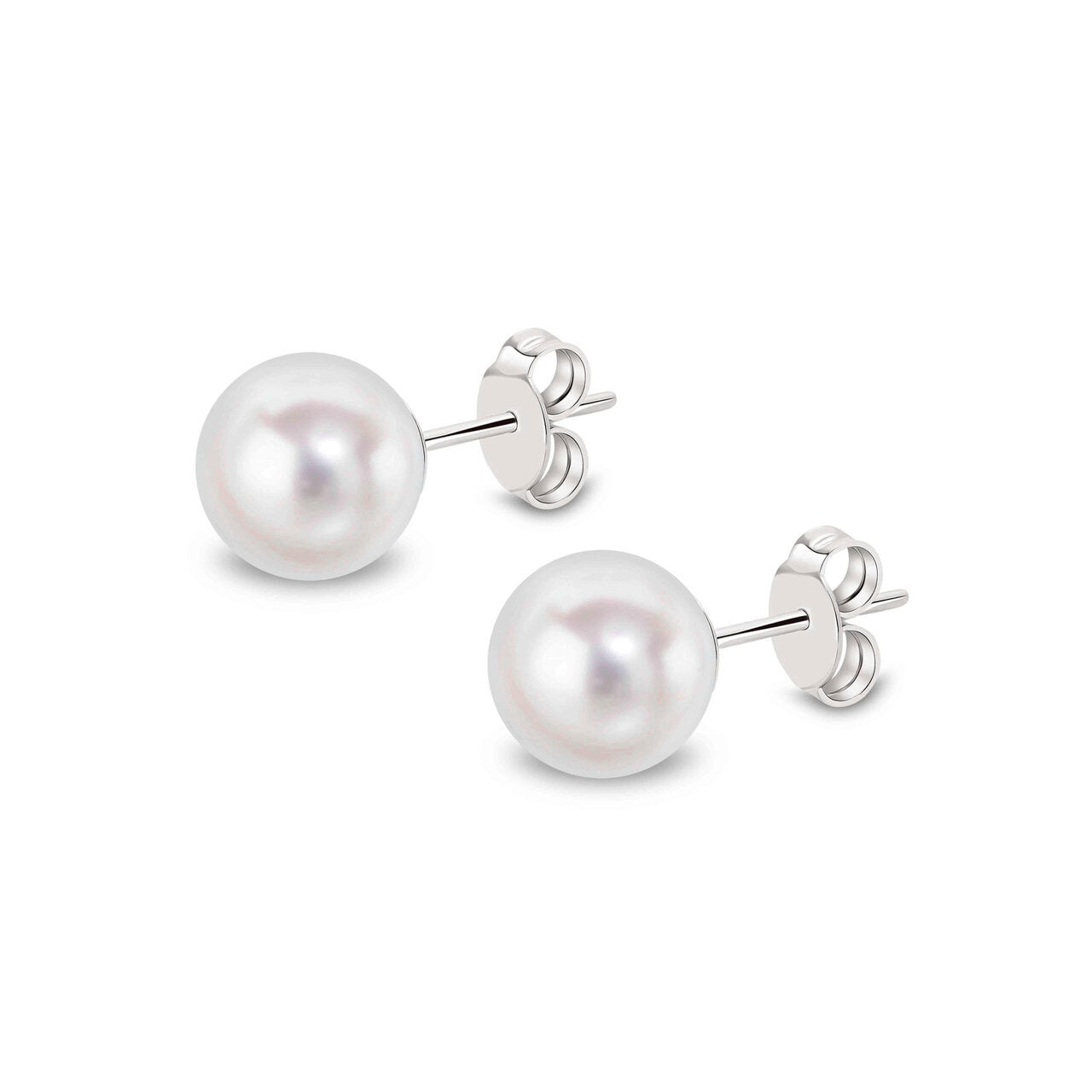 Akoya pearl stud earrings in 9ct white gold, 8–8.5mm round white Akoya pearl with butterfly back fitting
