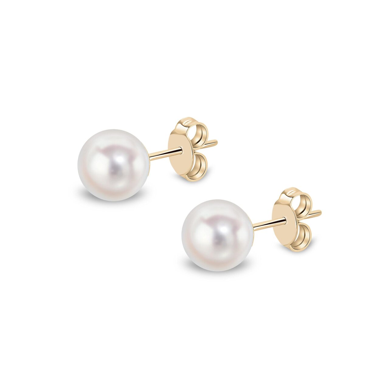 Akoya pearl stud earrings in 9ct yellow gold, 6–6.5mm round white Akoya pearl with butterfly back fitting