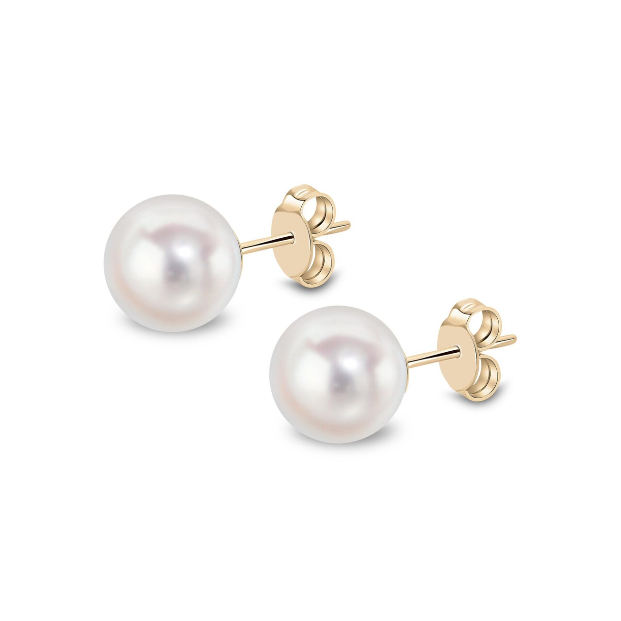 Akoya pearl stud earrings in 9ct yellow gold, 9–9.5mm round white Akoya pearl with butterfly back fitting